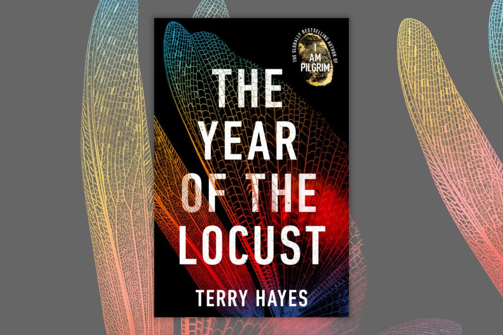 Header Image featuring the Cover for the Year of the Locust by Terry Hayes, surrounded by decorative wings.