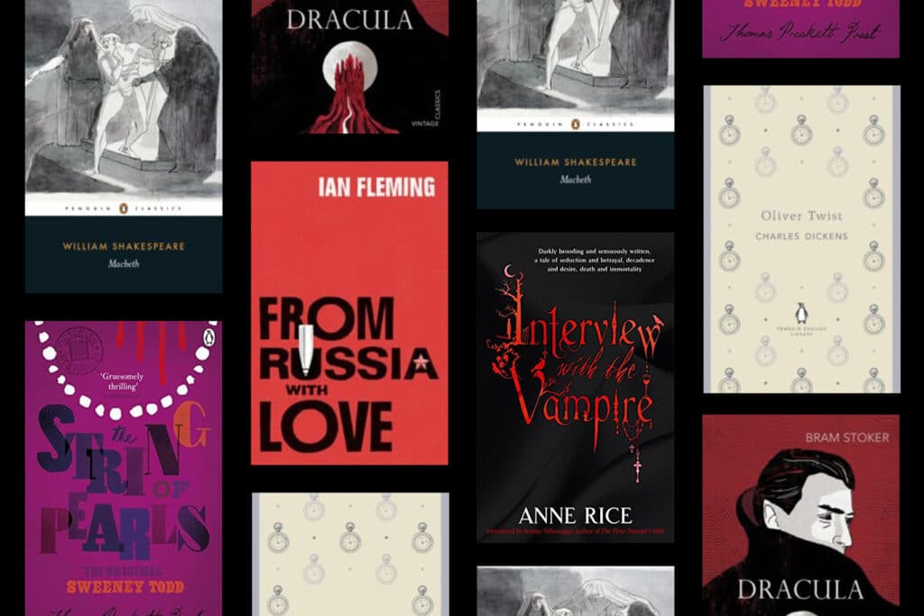 Book cover montage, featuring The Strong of Pearls, From Russia with Love, Interview with the Vampire, Oliver Twist, Dracula and Macbeth