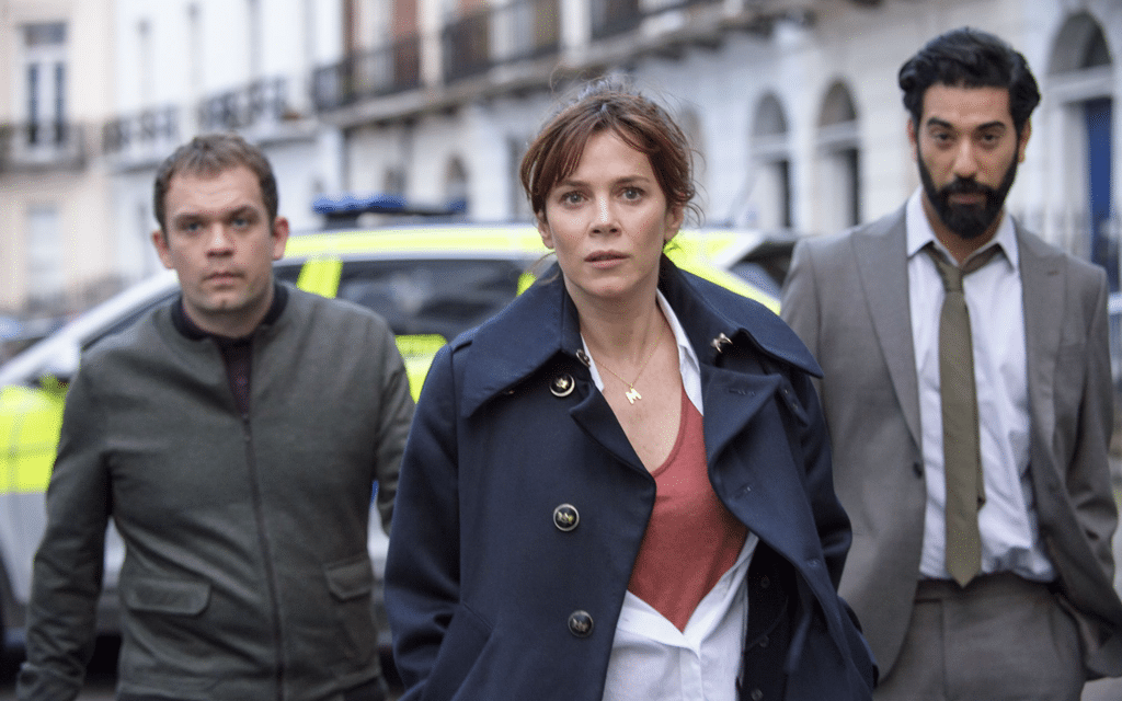 Anna Friel, Ray Panthaki and Jack Doolan star as Marcella Backland, Rav Sangha and Mark Travis in Marcella series 2 episode 1