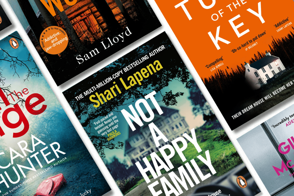 Image showing a selection of the best one sit reads, including All the Rage by Cara Hunter, The Memory Wood by Sam Lloyd, Not A Happy Family by Shari Lapena and The Turn of the Key by Ruth Ware