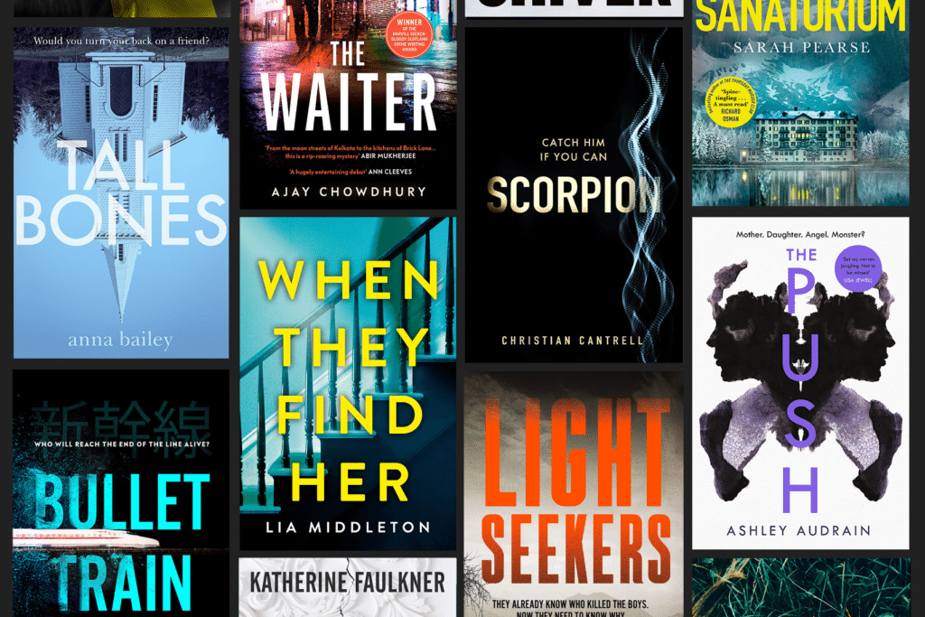 Image showing a selection of the most exciting new crime books by debut authors coming out in 2021, including The Push by Ashley Audrain, When They Find Her by Lia Middleton and Lightseekers by Femi Kayode