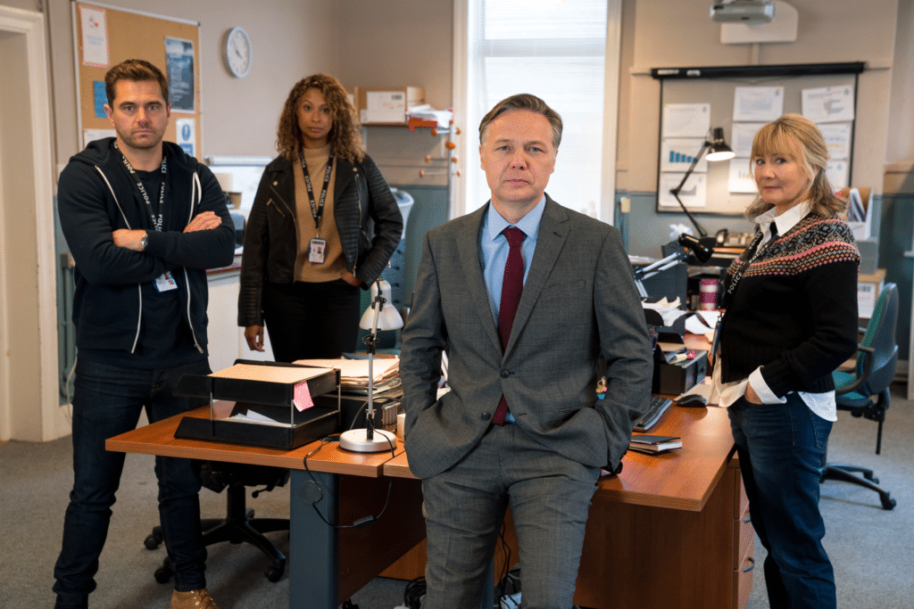 Photo of the cast of Innocent series 2 episode 1: Michael Stevenson as Brown, Laura Rollins as Paine, Shaun Dooley as Braithwaite and Janine Wood as Hollins.