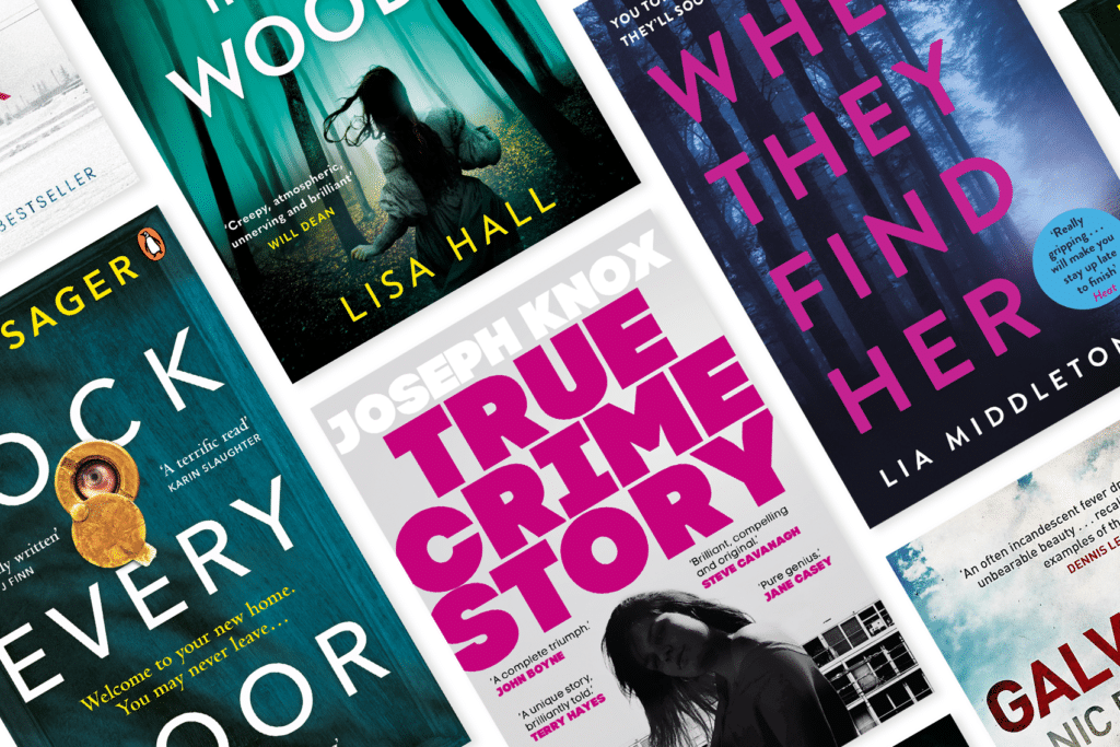 Image showing the best crime books for Halloween, according to the likes of C J Tudor, Beth Underdown and G R Halliday, including True Crime Story by Joseph Knox, Lock Every Door by Riley Sager and When They Find Her by Lia Middleton