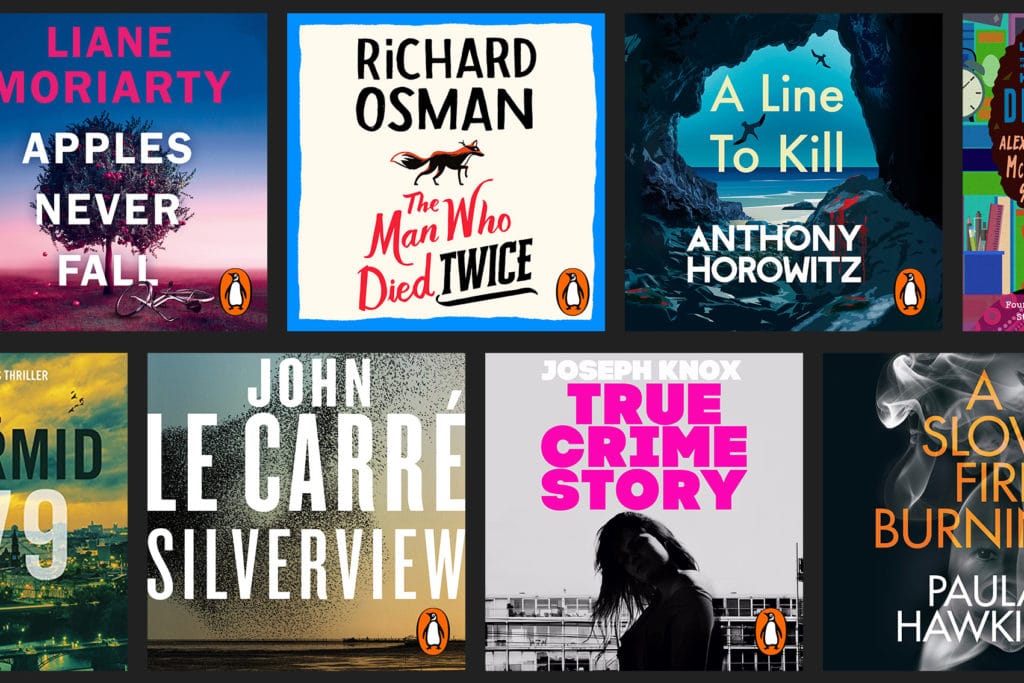 Image showing a selection of the best crime audiobooks of 2021, including True Crime Story by Joseph Knox, Apples Never Fall by Liane Moriarty and A Slow Fire Burning by Paula Hawkins