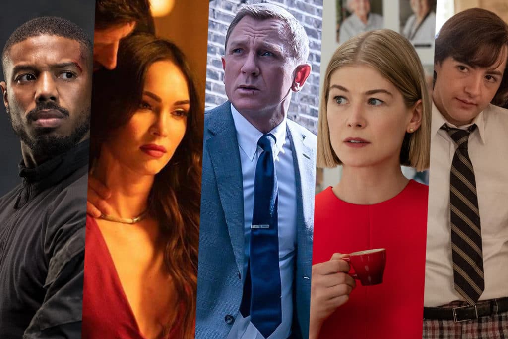 Images of actors in the best crime movies of 2021: Michael B Jordan in Without Remorse, Megan Fox in Till Death, Daniel Craig in No Time to Die, Rosamund Pike in I Care A Lot and Michael Gandolfini in The Many Saints of Newark
