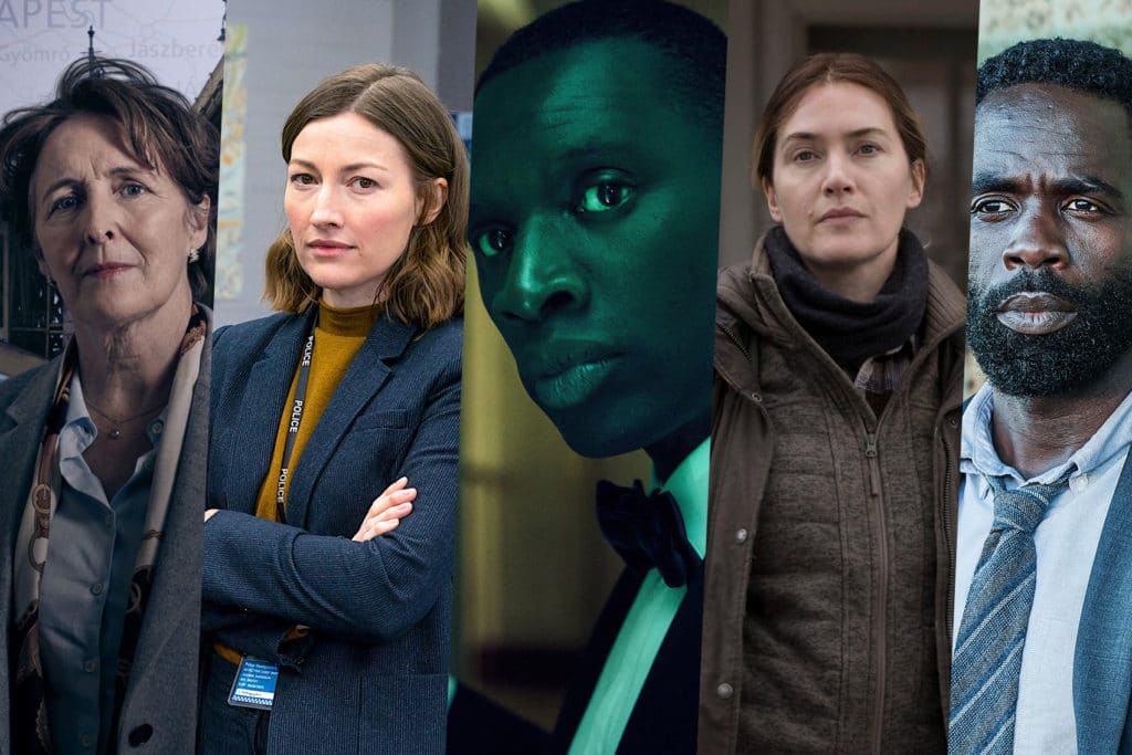 Images of actors from some of the best crime TV shows of 2021: Fiona Shaw in Baptiste series 2, Kelly MacDonald in Line of Duty series 6, Omar Sy in Lupin, Kate Winslet in Mare of Easttown and Jimmy Akingbola in The Tower