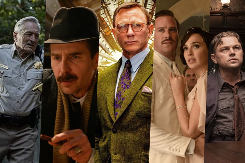 Image showing actors in some of the new crime movies heading our way in 2022: Robert de Niro in Wash Me in the River, Sam Rockwell in See How They Run, Daniel Craig in Knives Out 2, Armie Hammer and Gal Gadot in Death on the Nile and Leonardo DiCaprio in Killers of the Flower Moon