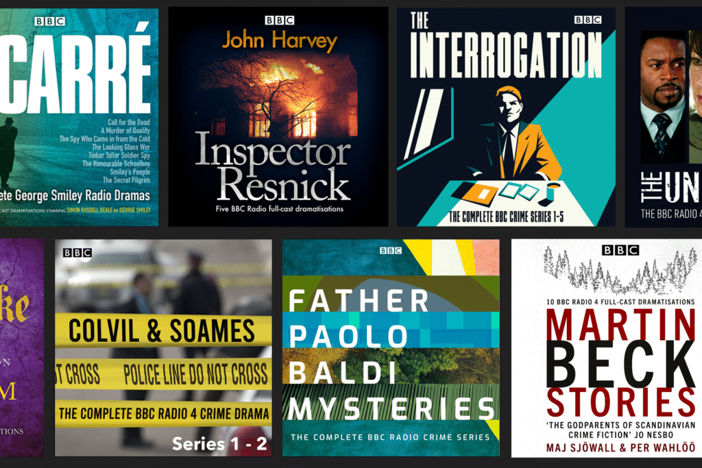 Image showing a selection of the best radio crime dramas in audiobook, including Inspector Resnick, The Interrogation, Father Paolo Baldi Mysteries and Colvil and Soames