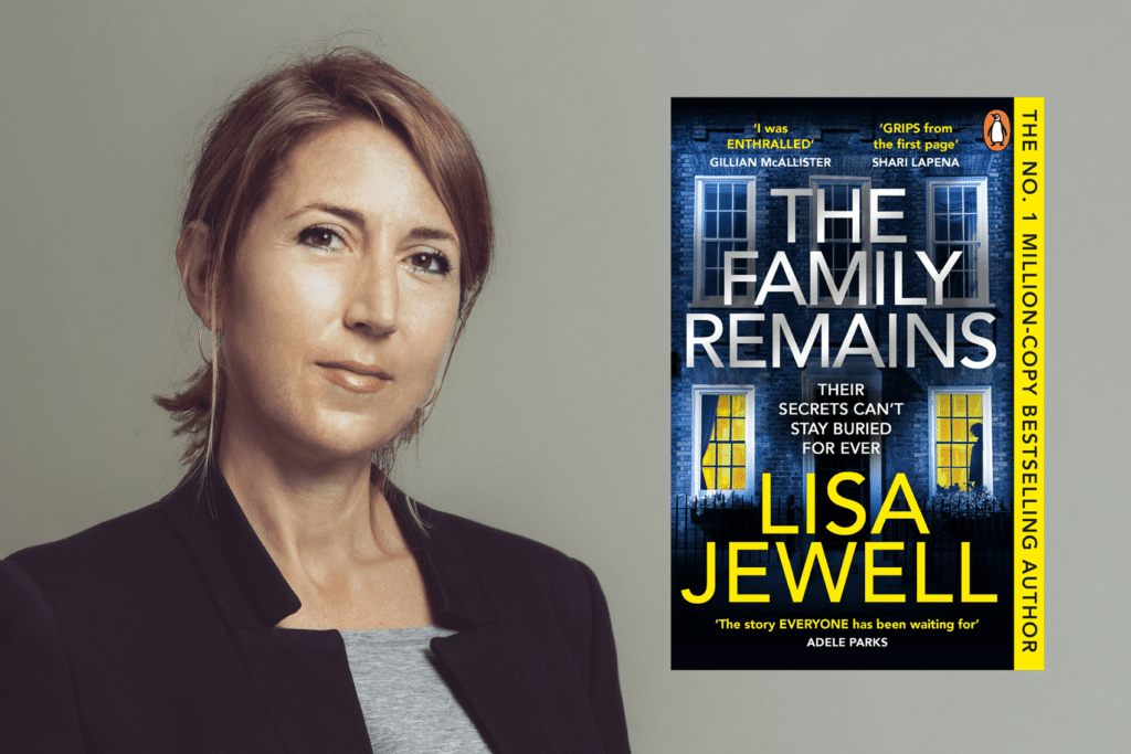 Photo of author Lisa Jewell next to the book cover of The Family Remains, sequel to The Family Upstairs