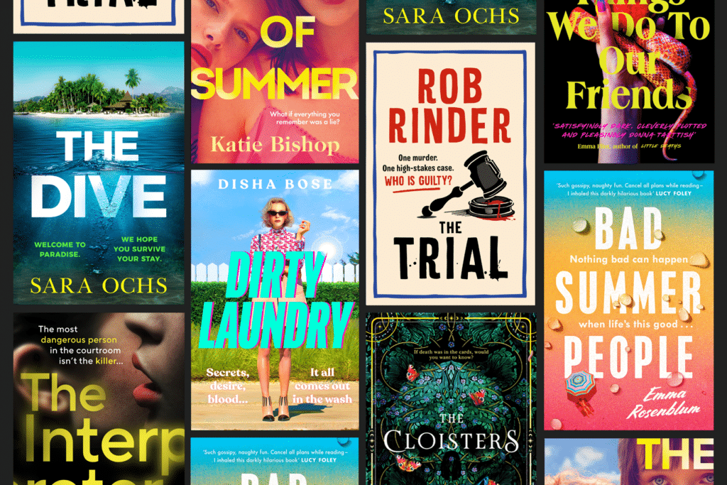 Image showing a selection of the most exciting debut crime novels of 2023, including The Trial by Rob Rinder, Dirty Laundry by Disha Bose, The Dive by Sara Ochs and Bad Summer People by Emma Rosenblum