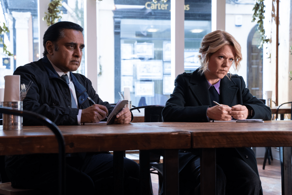 Sinéad Keenan and Sanjeev Bhaskar as DCI Jess James and SI Sunny Khan in Unforgotten series 5 episode 2