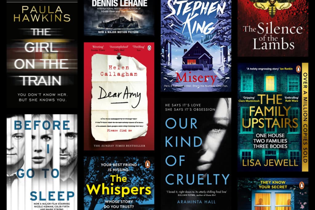 Book collage featuring Before I Go to Sleep, The Girl on The Train, Dear Amy, The Whispers, Our Kind of Cruetly, The Family Upstairs, The Silence of the Lambs and Misery