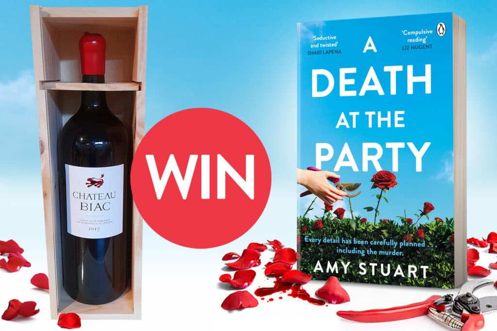 Image of A Death at the Party book by Amy Stuart, next to a bottle of Chateau Biac red wine with a red roundel saying 'Win' on it.