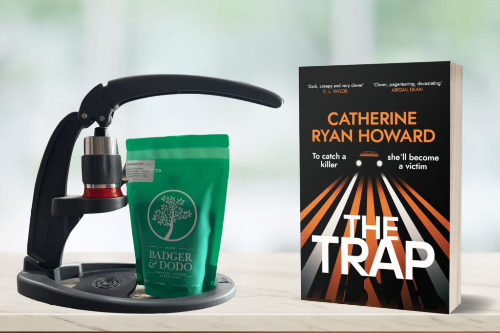 An image of a Flair espresso machine and copy of The Trap book