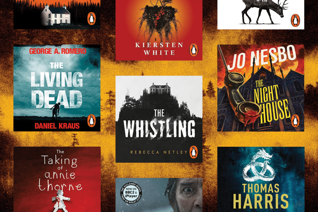 Montage of best horror audibooks, including The Night House, The Whistling, The Living Dead and the Taking of Annie Thorne.