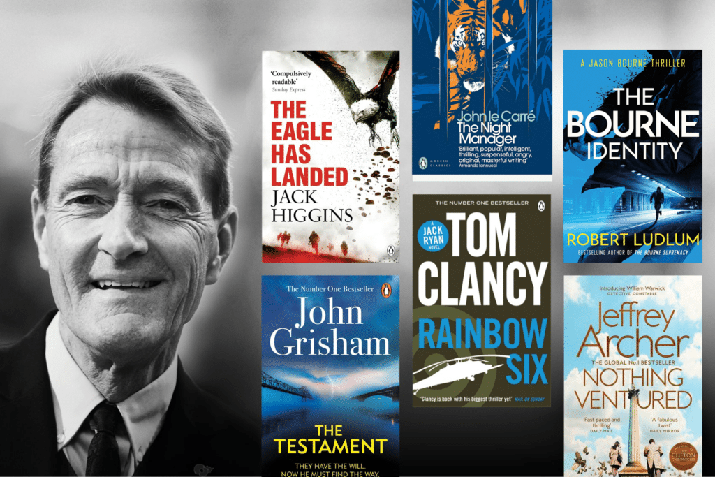 Picture of Lee Child next to 6 book covers: The Eagle Has Landed by Jack Higgins, The Night Manager by John le Carré, The Bourne Identity by Robert Ludlum, The Testament by John Grisham, Rainbow Six by Tom Clancy and Nothing Ventured by Jeffrey Archer